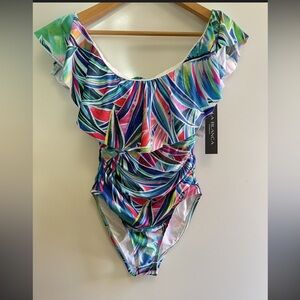 La Blanca Multicolor Ruffle Bandeau One-Piece Swimsuit in Blue, Pink & Green NWT